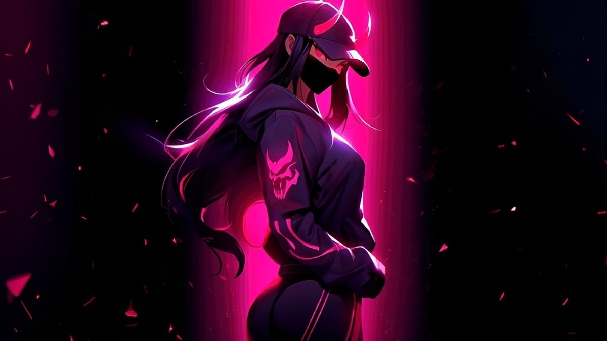 Hình nền anime nữ bí ẩn trong ánh sáng neon hồng, độ phân giải 1080x1920, chất lượng HD.