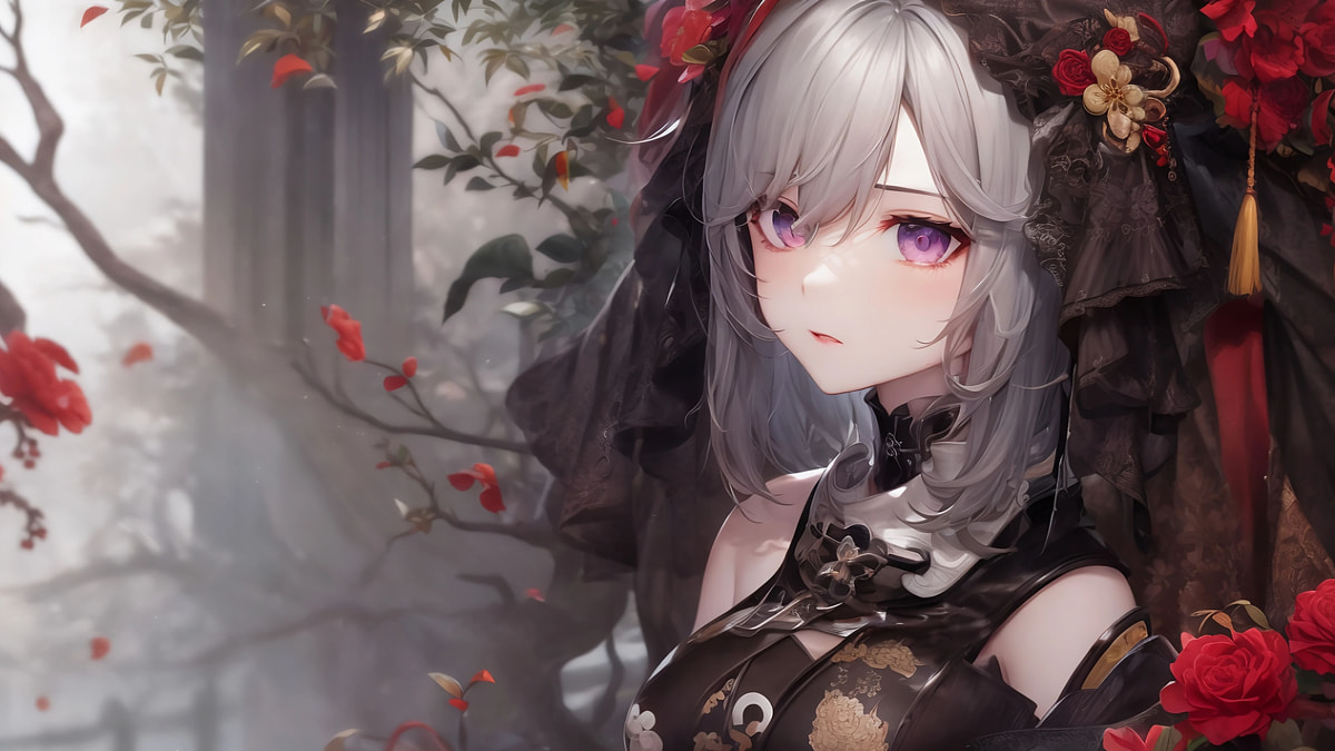 Hình nền anime cô gái tóc bạch kim, hoa đỏ, chất lượng HD, 1080x1920, phong cách huyền bí, nghệ thuật số.