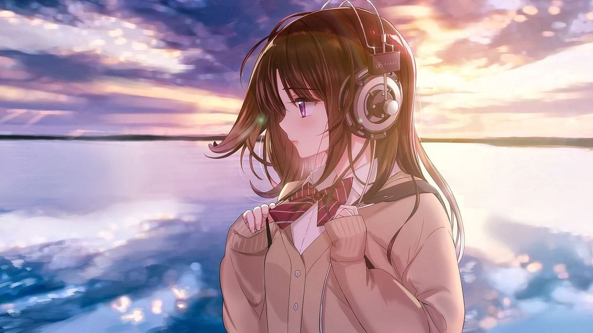 Anime cô gái nghe nhạc bên hồ lúc hoàng hôn, hình nền 1080x1920 HD, phong cảnh yên bình tuyệt đẹp.