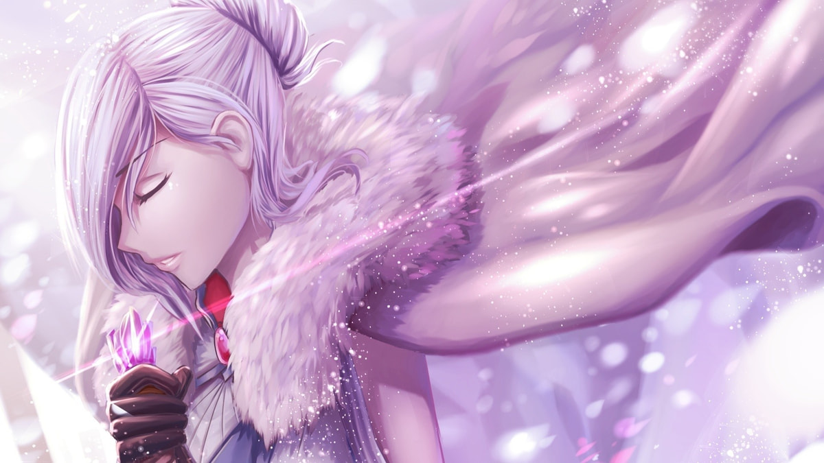 Anime nữ chiến binh tóc trắng, cầm pha lê, nền tuyết mờ ảo, độ phân giải 1080x1920, chất lượng HD.