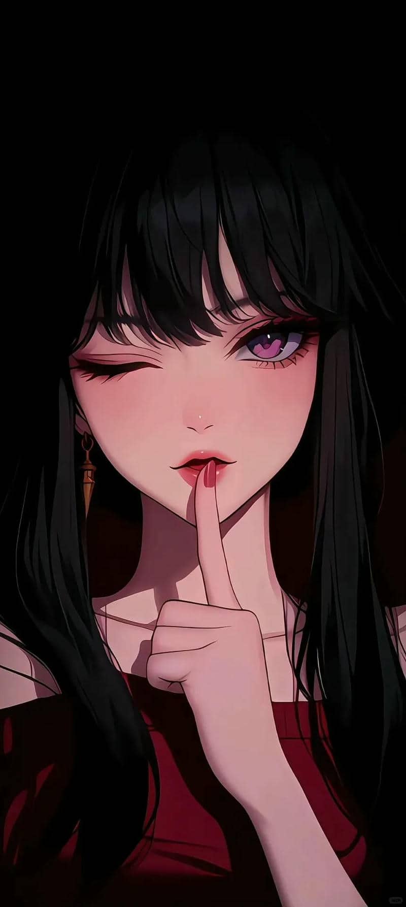Nền anime bí ẩn với cô gái nháy mắt, phong cách nghệ thuật ấn tượng, độ phân giải 1080x1920 HD.