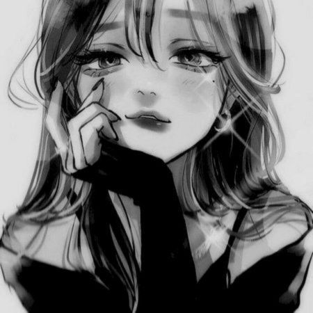Anime girl in grayscale sketch, HD quality, 450x450 resolution, emotive expression, perfect for artistic wallpapers.