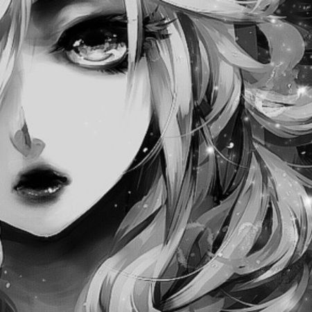 Anime girl in black and white, sparkling eyes, flowing hair, HD wallpaper, artistic design, 450x450 resolution.