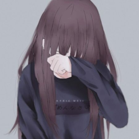 Anime girl buồn, tóc dài che mặt, chất lượng HD, nền xám, 450x450, hình nền cảm xúc, nghệ thuật anime.