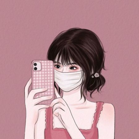 Hình nền cô gái đeo khẩu trang, chụp selfie, màu sắc hồng, độ phân giải 450x450, chất lượng HD, phong cách anime.