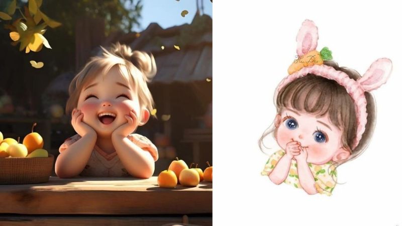 Hình nền dễ thương, bé gái hoạt hình cười tươi, trái cây rực rỡ, độ phân giải 1080x1920, chất lượng HD.
