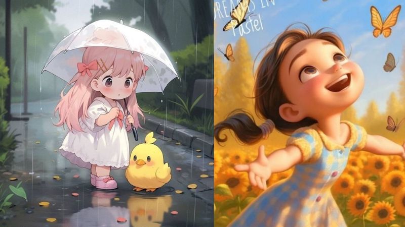 Hình nền anime dễ thương với bé gái và chú vịt dưới mưa, chất lượng HD, kích thước 1080x1920, phong cảnh thiên nhiên.