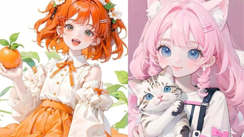 Anime dễ thương với cô gái tóc đỏ cam và hồng cùng mèo, nền sáng, 1080x1920, chất lượng HD, phong cách nghệ thuật.