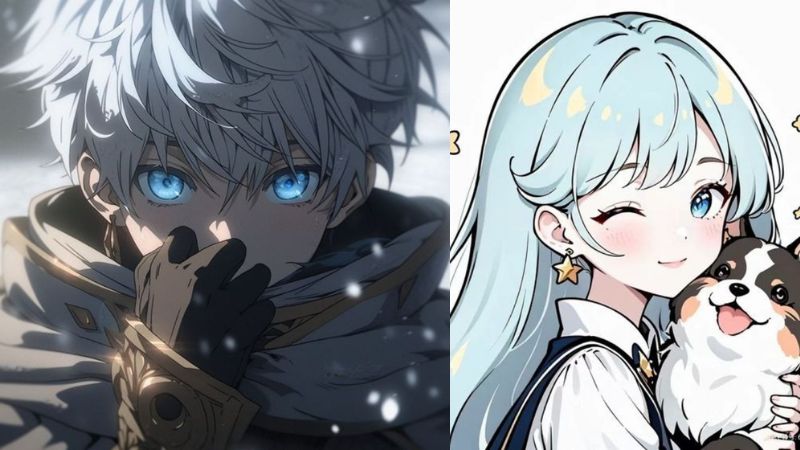 Anime HD hình nền 1080x1920: Nhân vật anime tóc trắng và xanh, phong cách nghệ thuật độc đáo, sáng tạo.