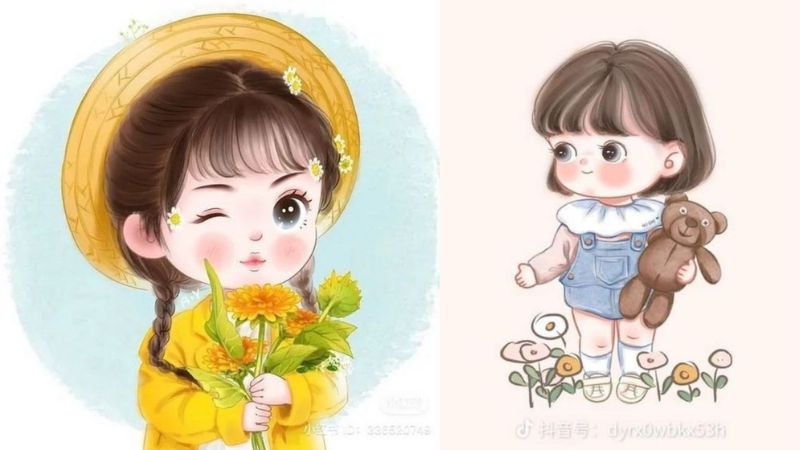 Hình nền hoạt hình dễ thương, cô bé cầm gấu bông và hoa, độ phân giải 450x800, chất lượng HD, phong cách ngộ nghĩnh.