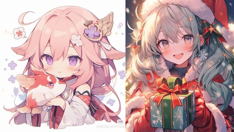 Anime dễ thương với nhân vật chibi và Giáng sinh, độ phân giải 450x800, chất lượng HD, hình nền hấp dẫn.