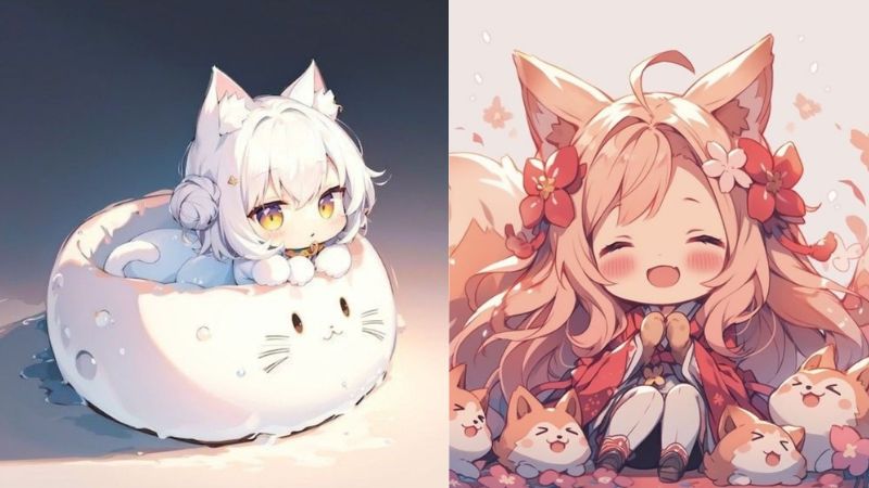 Hình nền anime dễ thương, mèo bông và nhân vật chibi, độ phân giải 1080x1920, chất lượng HD.