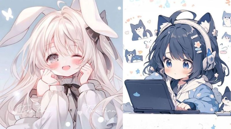 Hình nền anime dễ thương, độ phân giải 1080x1920, chất lượng HD, nhân vật có tai thỏ và tai mèo, phong cách đáng yêu.