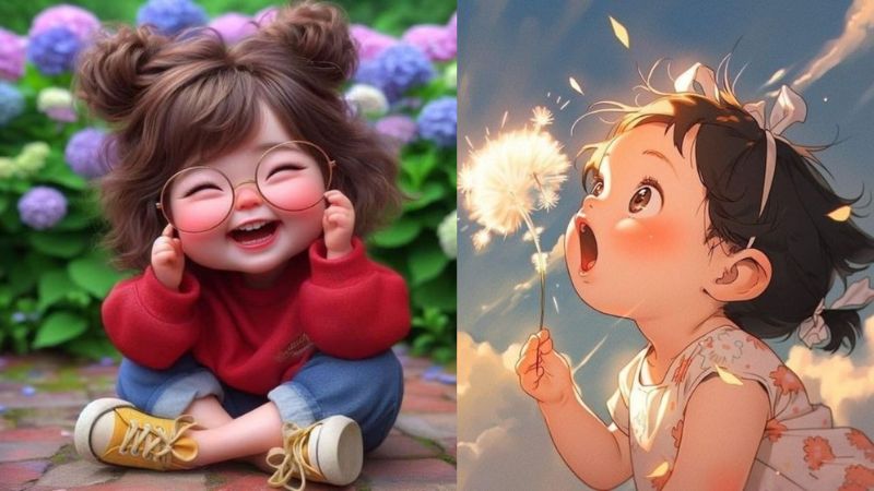 Hình nền hoạt hình dễ thương: Bé gái cười tươi và bé gái thổi bồ công anh, HD, 450x800, phong cảnh mùa hè.