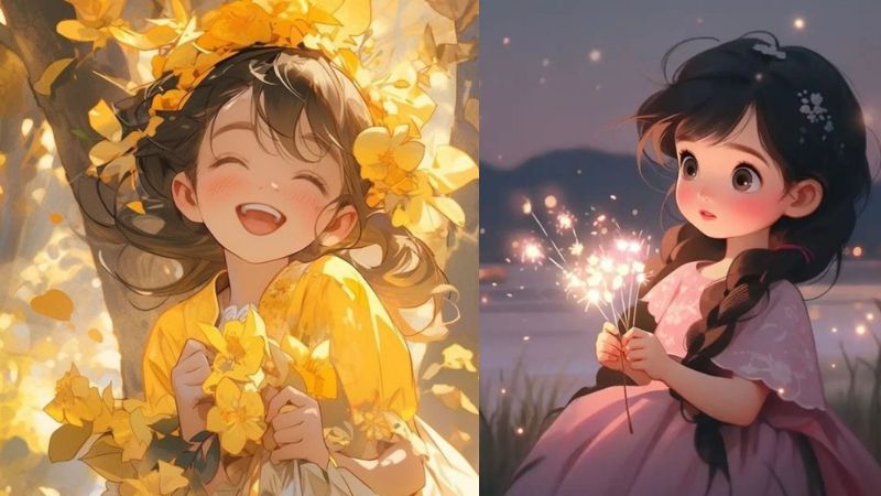 Hình nền anime thiếu nữ vui tươi, hoa vàng và pháo hoa, độ phân giải 1080x1920, chất lượng HD, phong cách nghệ thuật.