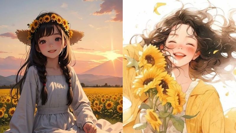 Hình nền anime cô gái với hoa hướng dương trong cánh đồng, ánh hoàng hôn đẹp, 1080x1920, chất lượng HD.