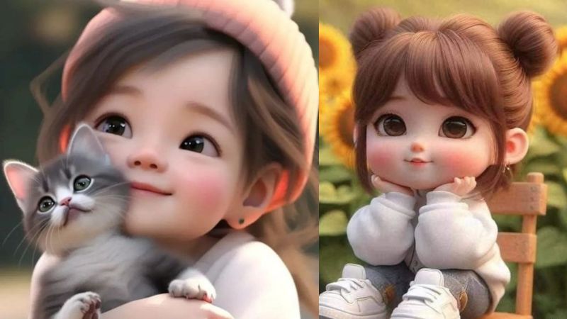 Hình nền hoạt hình dễ thương với mèo con và bé gái, độ phân giải 1080x1920 HD, phong cách đáng yêu.