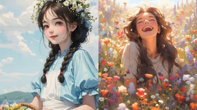 Hình nền nghệ thuật thiếu nữ giữa cánh đồng hoa, chất lượng HD, độ phân giải 1080x1920, phong cảnh mùa xuân.