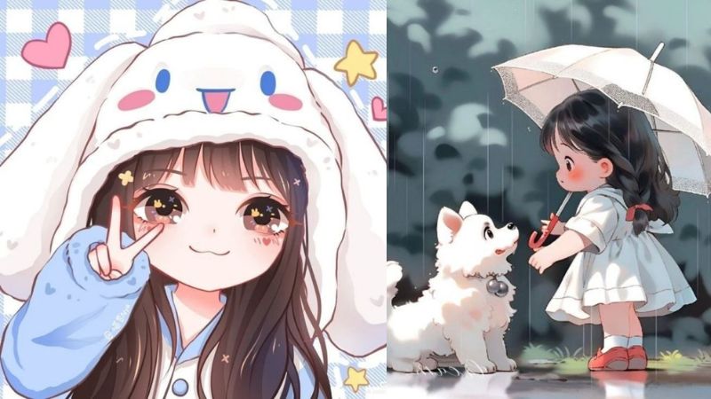 Hình nền anime dễ thương với cô gái và chó con dưới mưa, độ phân giải 1080x1920, chất lượng HD.