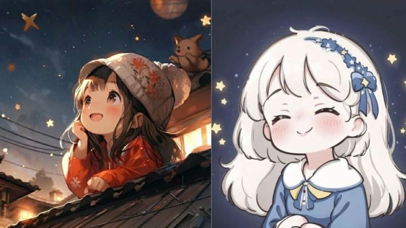 Hình nền anime dễ thương với bé gái, nền trời sao lung linh, độ phân giải 1080x1920, chất lượng HD, phong cách hoạt hình.