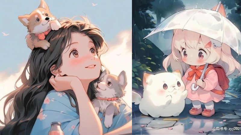 Anime dễ thương và chó con, nền 1080x1920 HD, phong cách hoạt hình, hình nền đầy màu sắc và sống động.