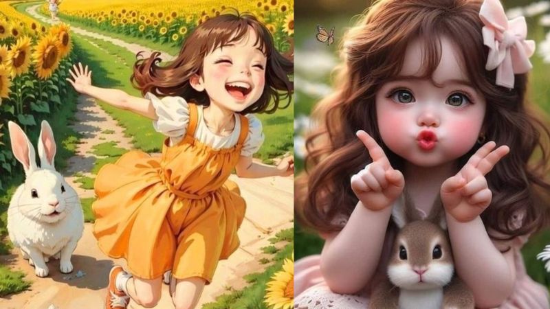 Hình nền 1080x1920, HD: Cô bé và thỏ trong cánh đồng hoa hướng dương, tạo không gian vui tươi, sống động.