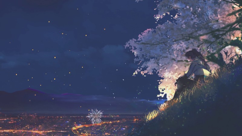 Hình nền anime đêm yên bình, pháo hoa trên bầu trời, độ phân giải 1080x1920, chất lượng HD, phong cảnh lãng mạn.