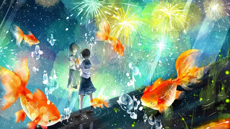 Hình nền anime pháo hoa và cá vàng, chất lượng HD, độ phân giải 1080x1920, mang vẻ đẹp kỳ ảo và mộng mơ.