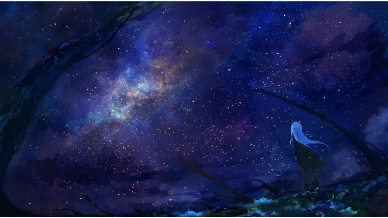 Hình nền anime bầu trời sao lung linh, cô gái nhìn dải ngân hà, độ phân giải 1080x1920, chất lượng HD.