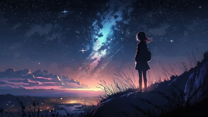 Hình nền anime phong cảnh đêm sao lấp lánh 4K, thiếu niên ngắm bầu trời, kích thước 1080x1920.