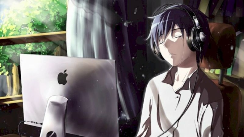 Hình nền anime nhân vật nghe nhạc bên máy tính, ánh sáng tự nhiên, độ phân giải 450x800, chất lượng HD.