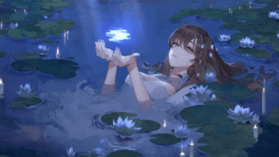 Nữ nhân vật anime trong hồ sen ban đêm, ánh sáng huyền ảo, độ phân giải 1080x1920, chất lượng HD.