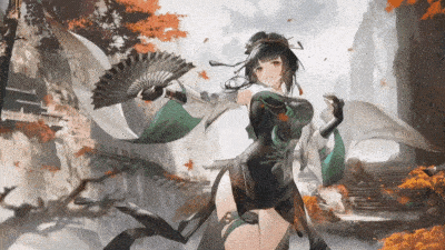 Anime nữ chiến binh cầm quạt trong khung cảnh mùa thu, độ phân giải 1080x1920, chất lượng HD.