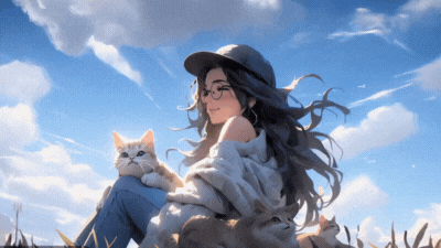 Hình nền anime cô gái vui vẻ bên mèo, bầu trời xanh, mây trắng, độ phân giải 1080x1920 HD, phong cảnh lãng mạn.