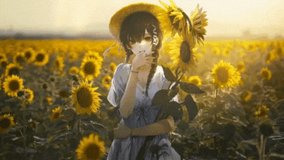 Anime cô gái đứng giữa cánh đồng hoa hướng dương, độ phân giải 1080x1920, chất lượng HD, hình nền thiên nhiên.