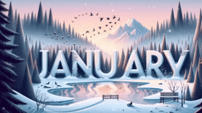 Hình nền mùa đông với chữ "January", phong cảnh tuyết, núi non, chim bay, 1080x1920 HD, chủ đề thiên nhiên tươi đẹp.