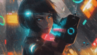 Hình nền cyberpunk 4K 225x400, nhân vật nữ cầm vũ khí trong cảnh thành phố tương lai đầy màu sắc, chất lượng HD.