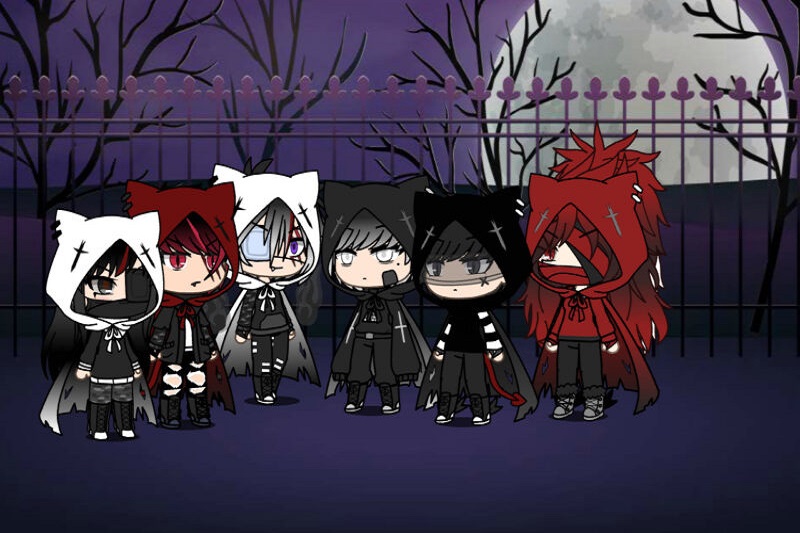 Hình nền anime chibi huyền bí, nhóm nhân vật trong trang phục đen và đỏ, độ phân giải 533x800, chất lượng HD.