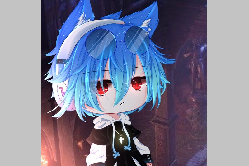 Anime chibi với tai mèo và kính xanh nền tối, độ phân giải 1080x1920, chất lượng HD, hình nền dễ thương.