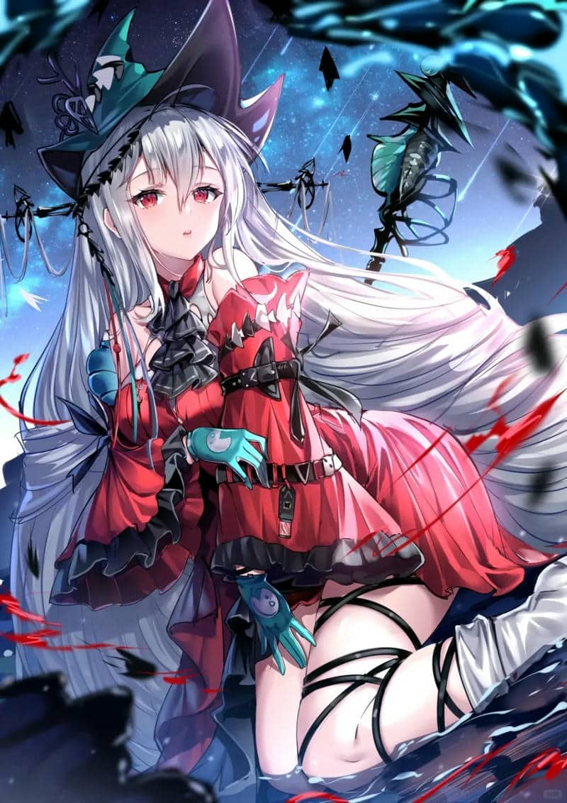 Hình nền anime phép thuật với nhân vật nữ tóc trắng, trang phục đỏ, độ phân giải 1080x1920, chất lượng HD.