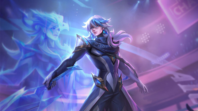 Nhân vật game phong cách huyền ảo với áo giáp trong ánh sáng xanh, nền ảo diệu, đồ họa HD, 1080x1920.