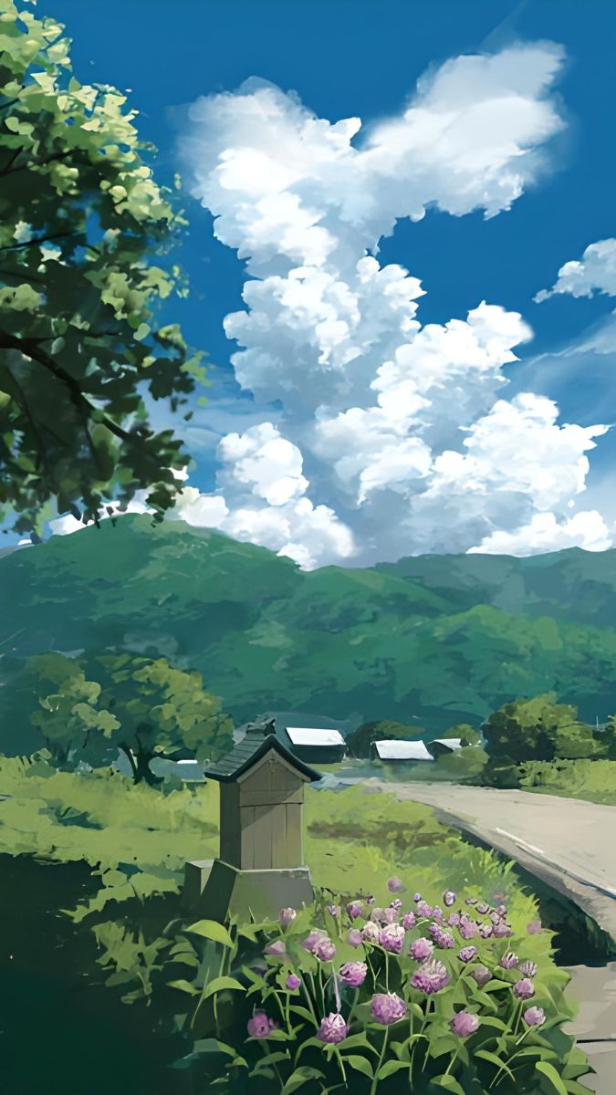 Hình nền phong cảnh đồng quê với bầu trời xanh, mây trắng, 1080x1920 HD, cảnh thiên nhiên yên bình.
