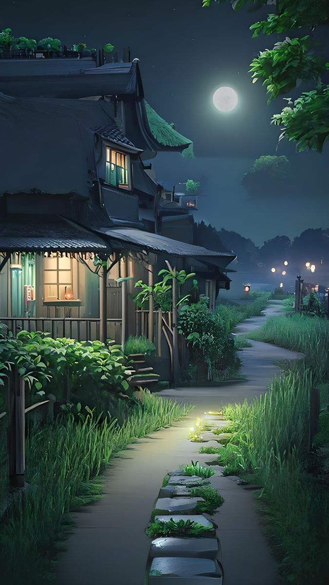 Hình nền ngôi nhà gỗ dưới ánh trăng yên bình, đường mòn xanh mướt, độ phân giải 1080x1920, chất lượng HD.