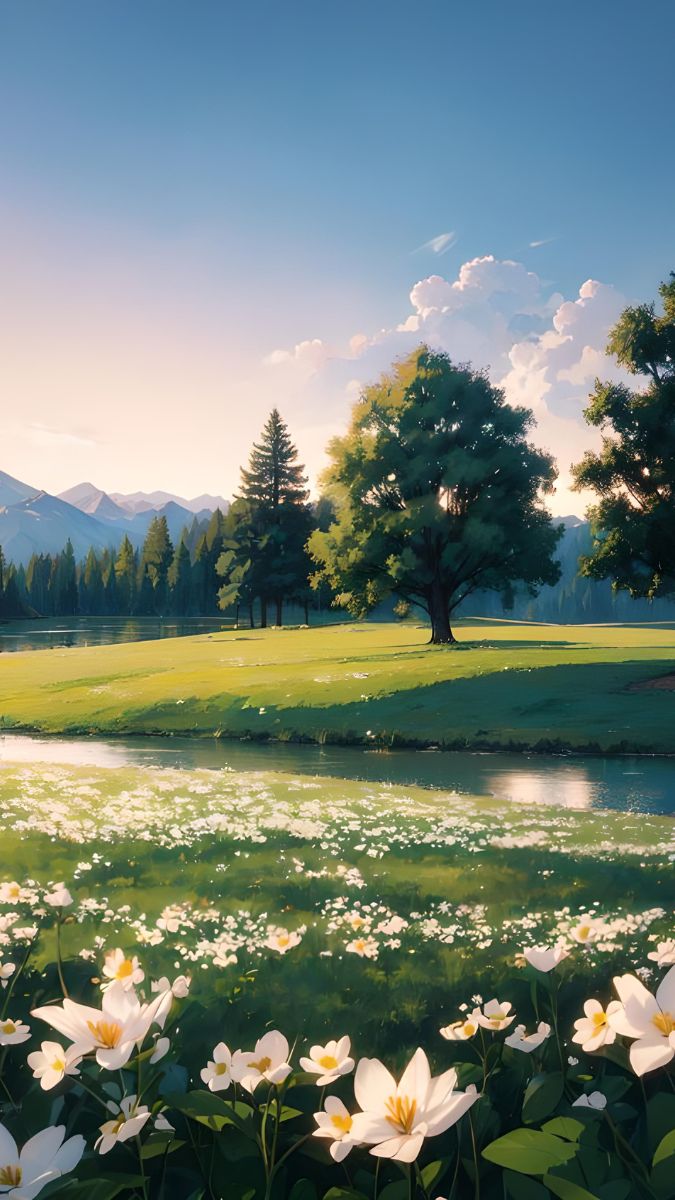 Phong cảnh thiên nhiên với cánh đồng hoa trắng, cây xanh, núi xa, 1080x1920 HD, hình nền thư giãn.