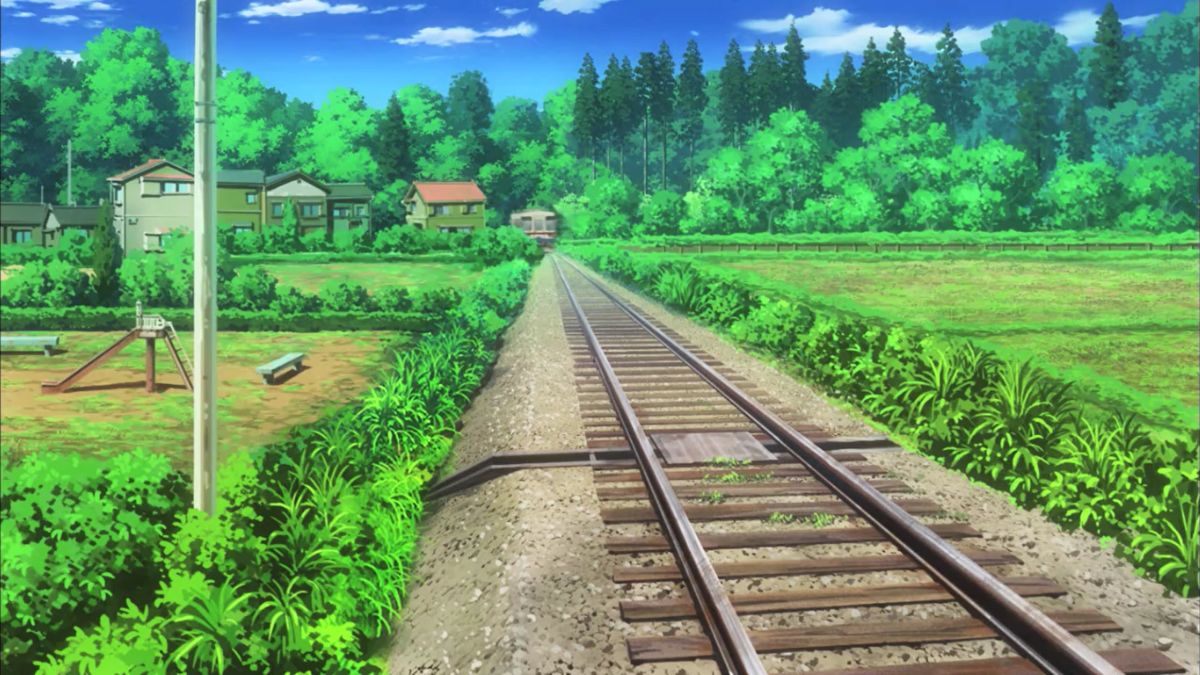 Hình nền đường ray anime giữa vùng quê xanh tươi, độ phân giải 1080x1920, chất lượng HD, phong cảnh yên bình.