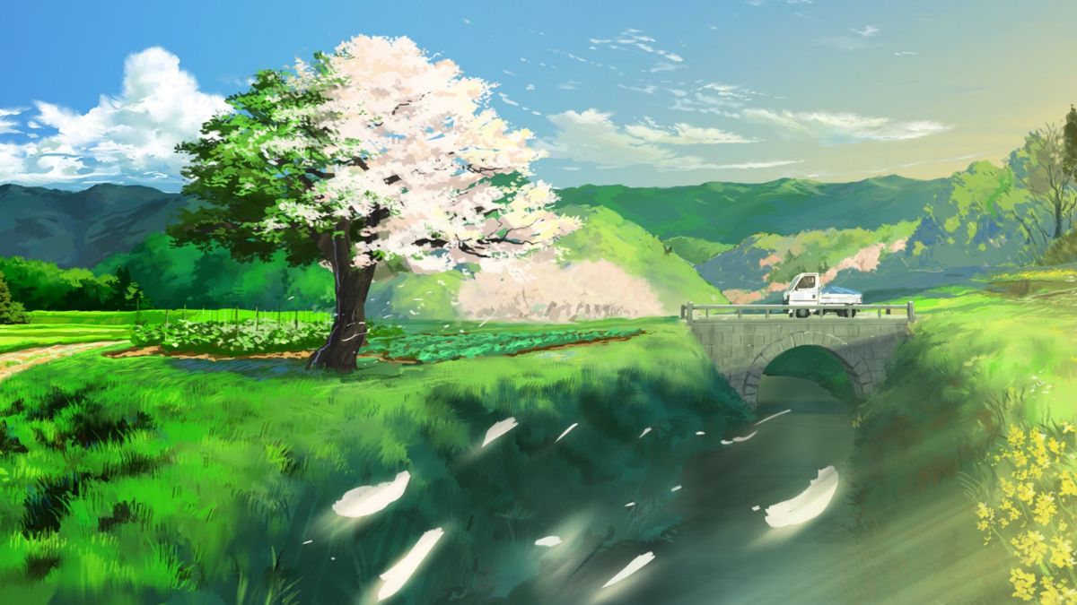 Phong cảnh đồng quê xanh tươi với cây hoa anh đào và cầu đá, nền trời xanh, 1080x1920 HD.