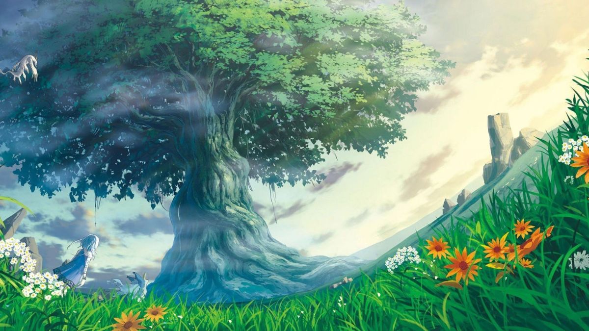 Ảnh nền anime cây cổ thụ và hoa, độ phân giải 1080x1920, chất lượng HD, phong cảnh thiên nhiên tươi đẹp.