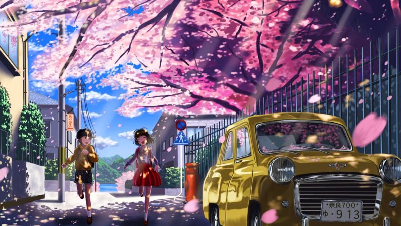 Ảnh nền anime HD 1080x1920 với cảnh hai trẻ em dưới hàng cây hoa anh đào nở rộ, xe hơi cổ điển bên lề đường.
