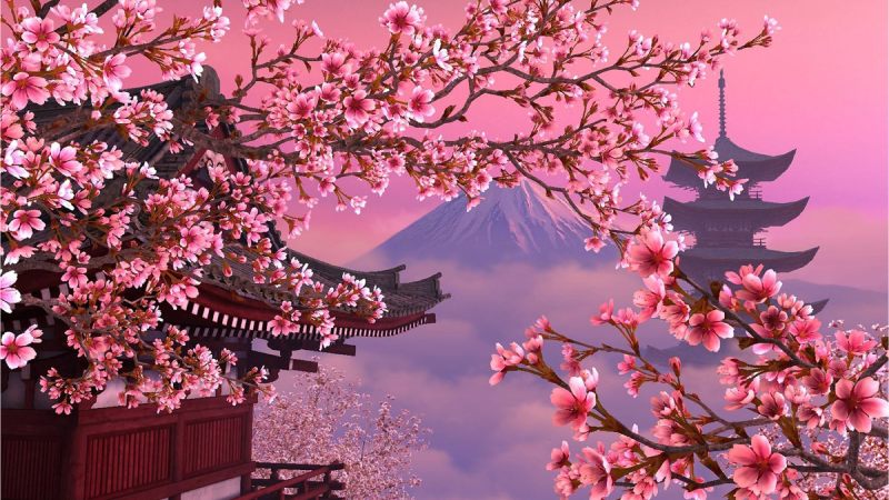 Phong cảnh Nhật Bản mùa hoa anh đào nở, núi Phú Sĩ hùng vĩ, độ phân giải 1080x1920, hình nền HD.