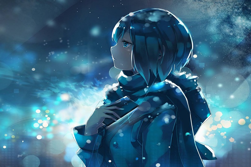 Hình nền anime nữ, khung cảnh huyền ảo, 1080x1920, chất lượng HD, ánh sáng xanh nổi bật, phong cách nghệ thuật.